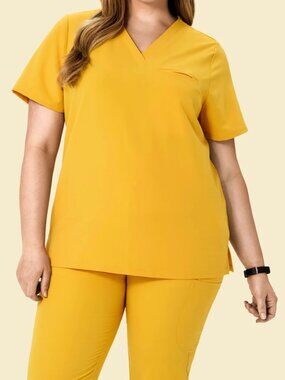 Mandala Mustard Yellow One-Pocket Scrub V-Neck Top 2XL Pleated Medical Tailored